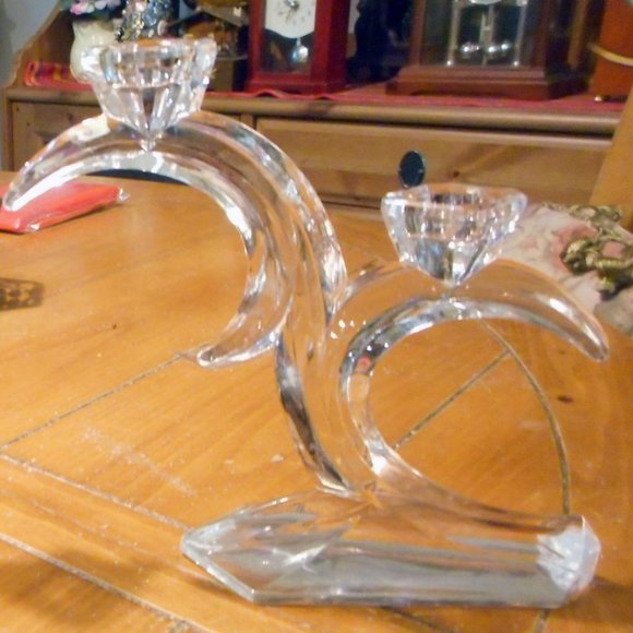 Set of 2! Vtg. Bleikristall Crystal/Glass Half Moon 2-Arm Deco Candle Holder - Picture 1 of 3